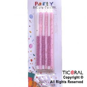 VELA BLANCO CON GIBRE Y BRILLOS ROSAS 12.5 CM x 6 UNIDADES